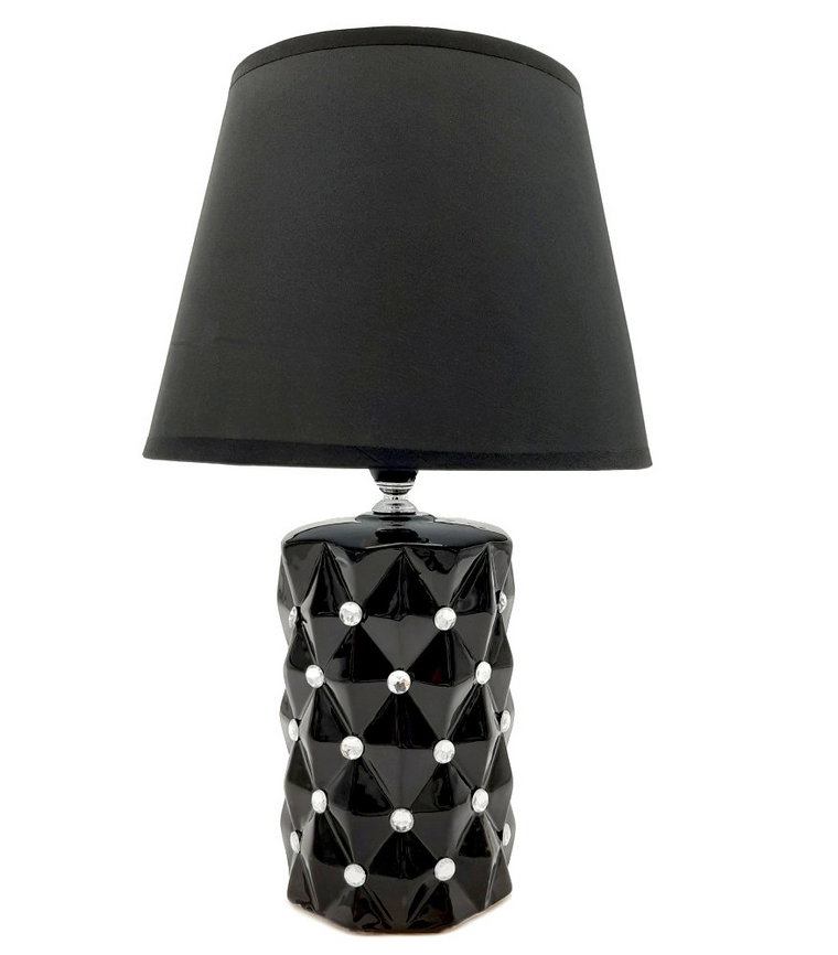 Lampa stołowa nocna z kryształkami czarna z czarnym kloszem glamour 35 cm