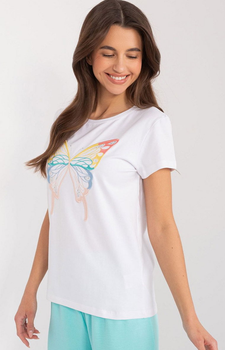 Biały t-shirt damski z motylem RV-TS-9637.39, Kolor biały-wzór, Rozmiar S/M, BASIC FEEL GOOD