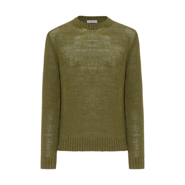 Zielony Sweter z Dekoltem Crewneck, 100% Len, Projekt z Raglanowym Rękawem Boglioli