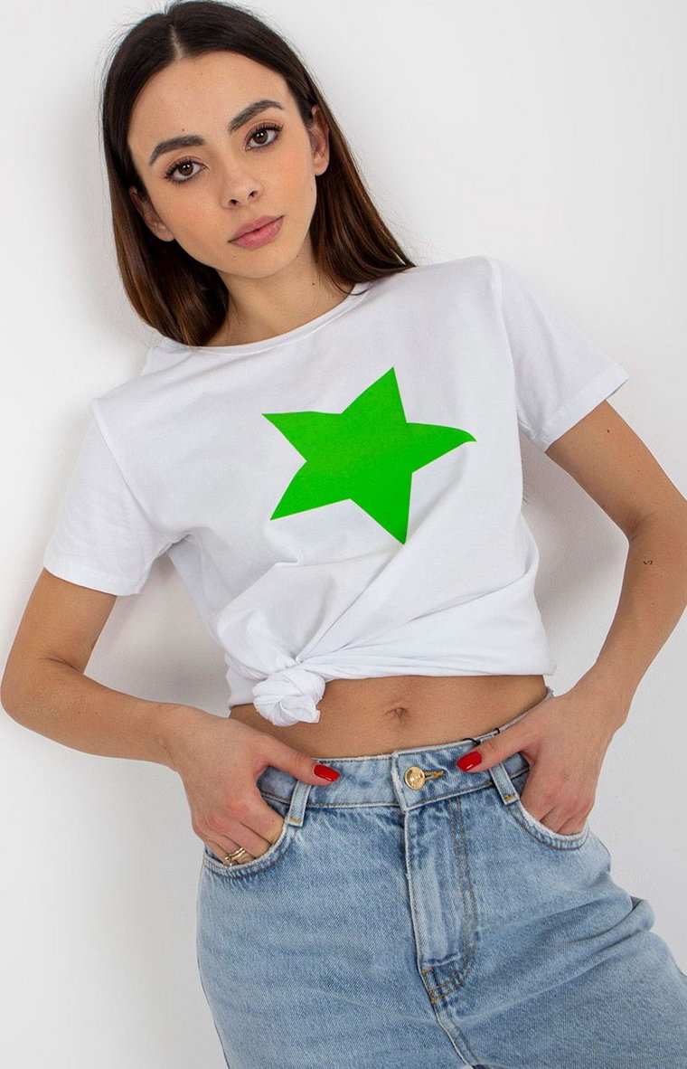 T-shirt damski z zieloną gwiazdą RV-TS-8626.00, Kolor biało-zielony, Rozmiar L/XL, BASIC FEEL GOOD