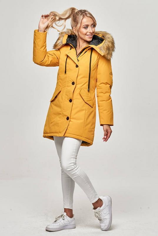Zimowa kurtka damska z kapturem żółta (j9-065)