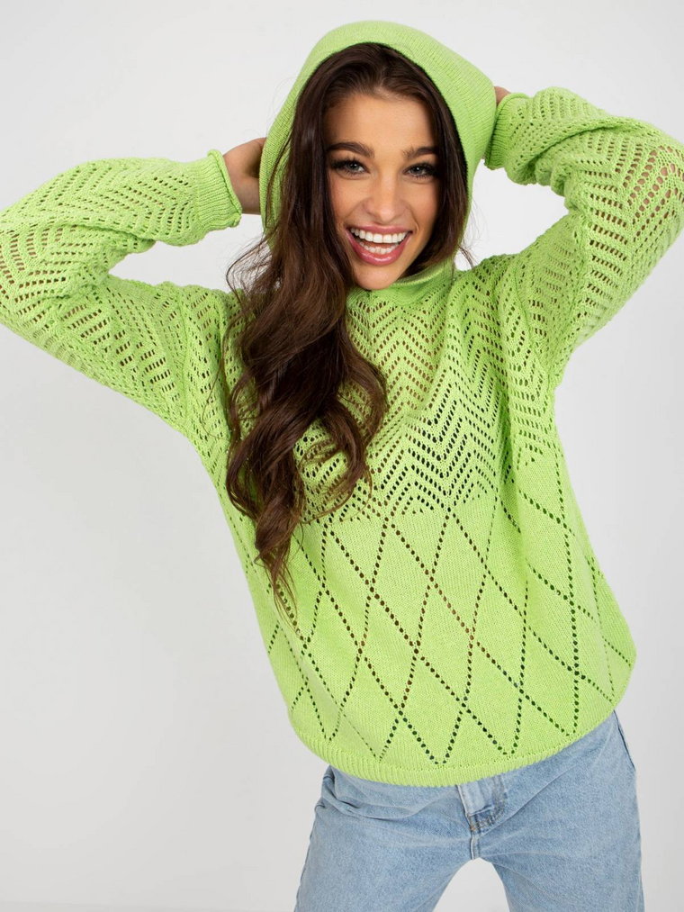 Sweter letni jasny zielony casual ażurowy kaptur rękaw długi