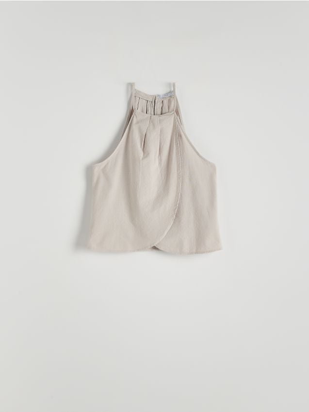 Reserved - Bawełniana bluzka z dekoltem halter - jasnoszary