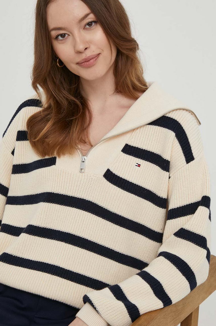 Tommy Hilfiger sweter bawełniany kolor beżowy ciepły z golfem WW0WW42420