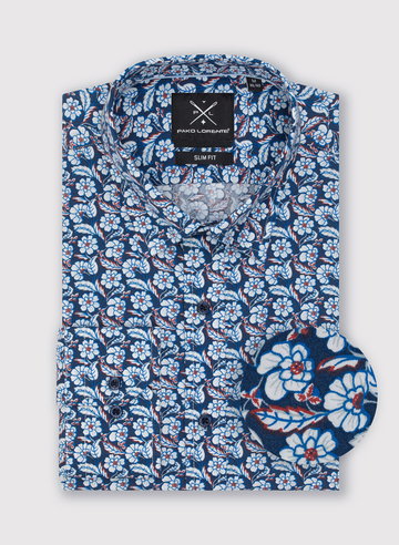 Granatowa koszula męska w niebieski kwiatowy wzór