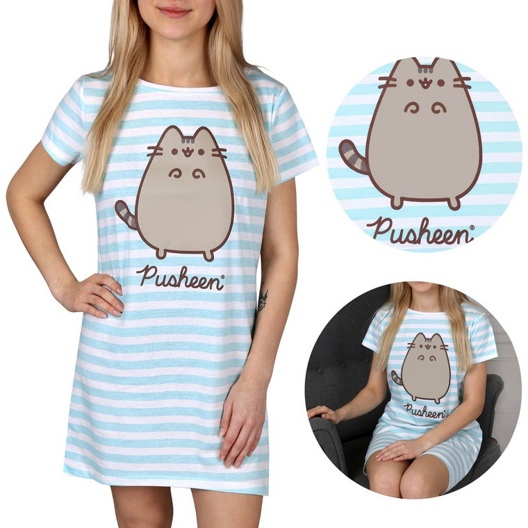 Pusheen Niebiesko-biała, damska koszulka do spania w paski, bawełniana koszulka nocna M