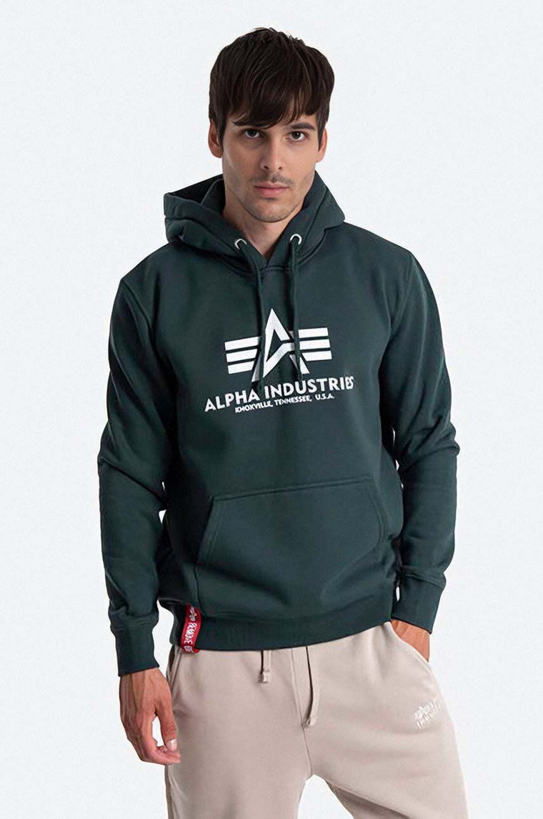 Alpha Industries bluza Basic Hoody męska kolor zielony z kapturem z nadrukiem 178312.610