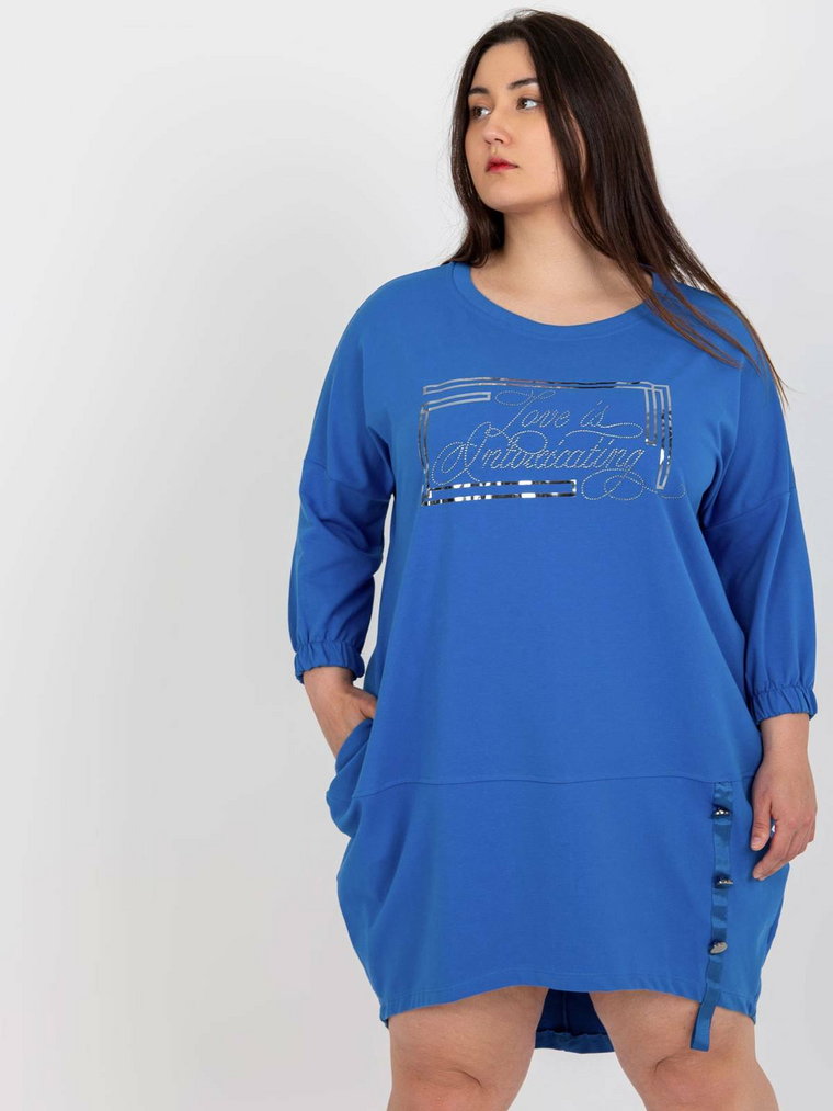 Tunika plus size ciemny niebieski sukienka dresowa codzienna długość midi dżety kieszenie