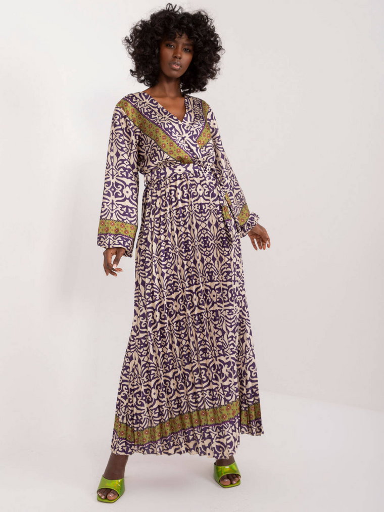 Sukienka z printem ciemny fioletowy dekolt kopertowy rękaw długi długość maxi bufiasty rękaw pasek