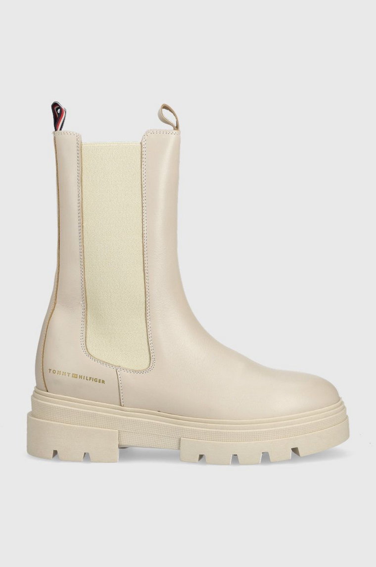 Tommy Hilfiger sztyblety skórzane Monochromatic Chelsea Boot damskie kolor beżowy na platformie