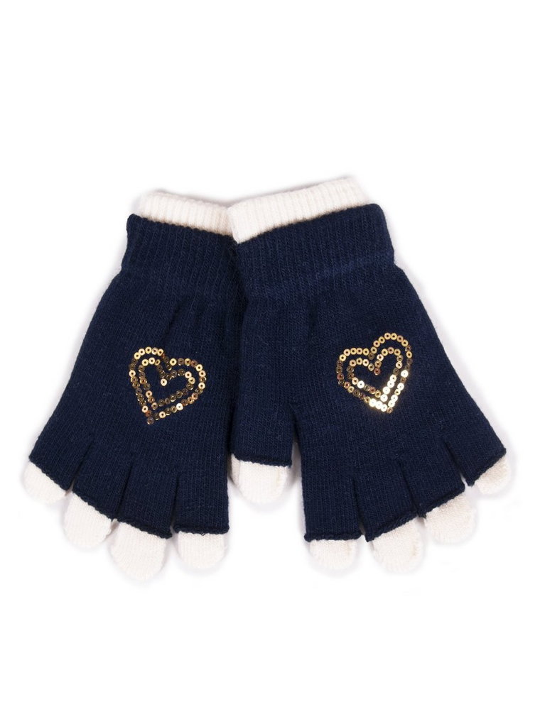 Rękawiczki Dziewczęce Podwójne Granatowe Cekinowe Serce 16 Cm