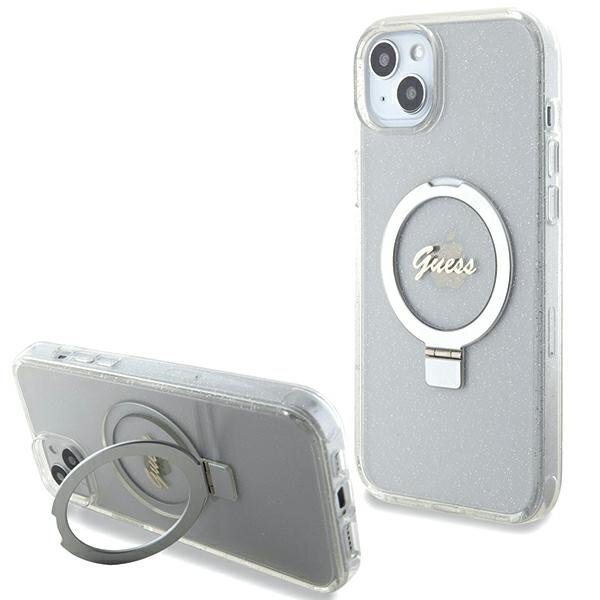 Guess GUHMP15MHRSGSD iPhone 15 Plus 6.7" przezroczysty/transparent hardcase Ring Stand Script Glitter MagSafe