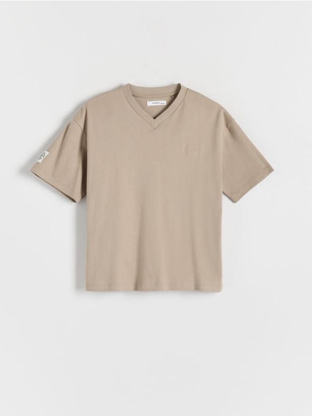 Reserved - T-shirt oversize z naszywką - beżowy