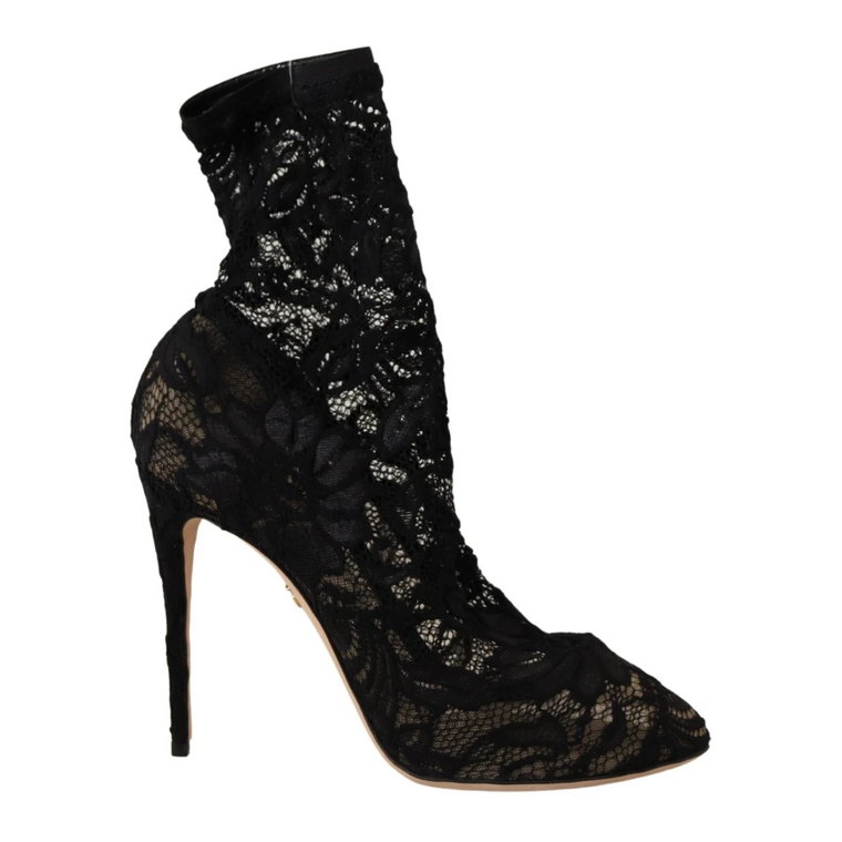 Black Stretch Socks Taormina Lace Boots Shoes Dolce & Gabbana