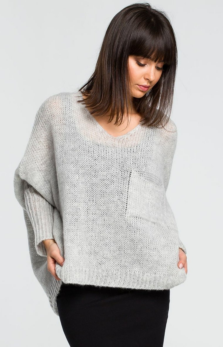 Sweter z kieszenią BK018, Kolor popielaty, Rozmiar one size, BE Knit