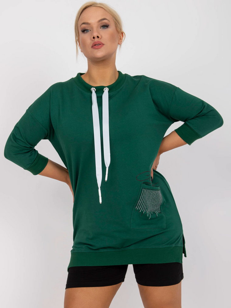Tunika plus size ciemny zielony casual dekolt okrągły rękaw 3/4 długość mini kieszenie dżety print (nadruk)