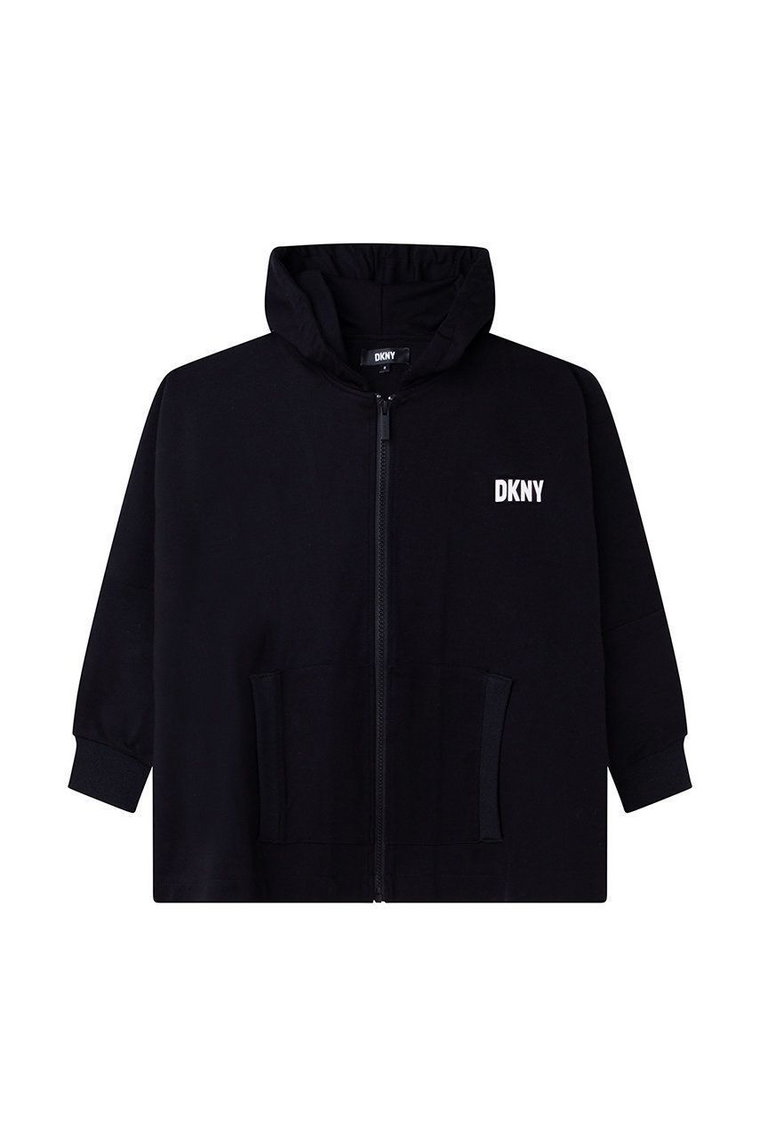 Dkny bluza dziecięca kolor czarny z kapturem z nadrukiem