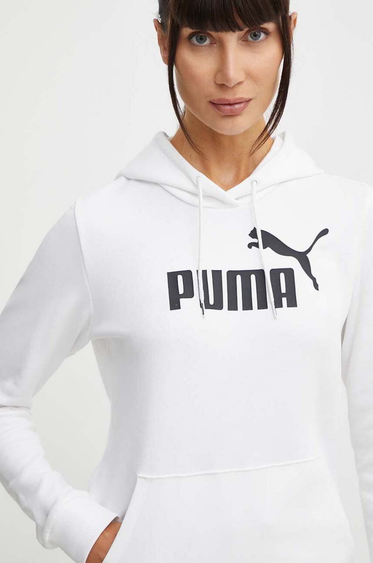 Puma bluza damska kolor biały z kapturem z nadrukiem