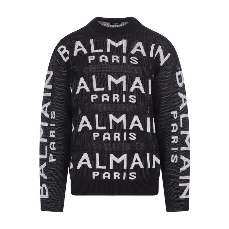 Czarny wełniany sweter z dekoltem w serek i kontrastowym logo Balmain