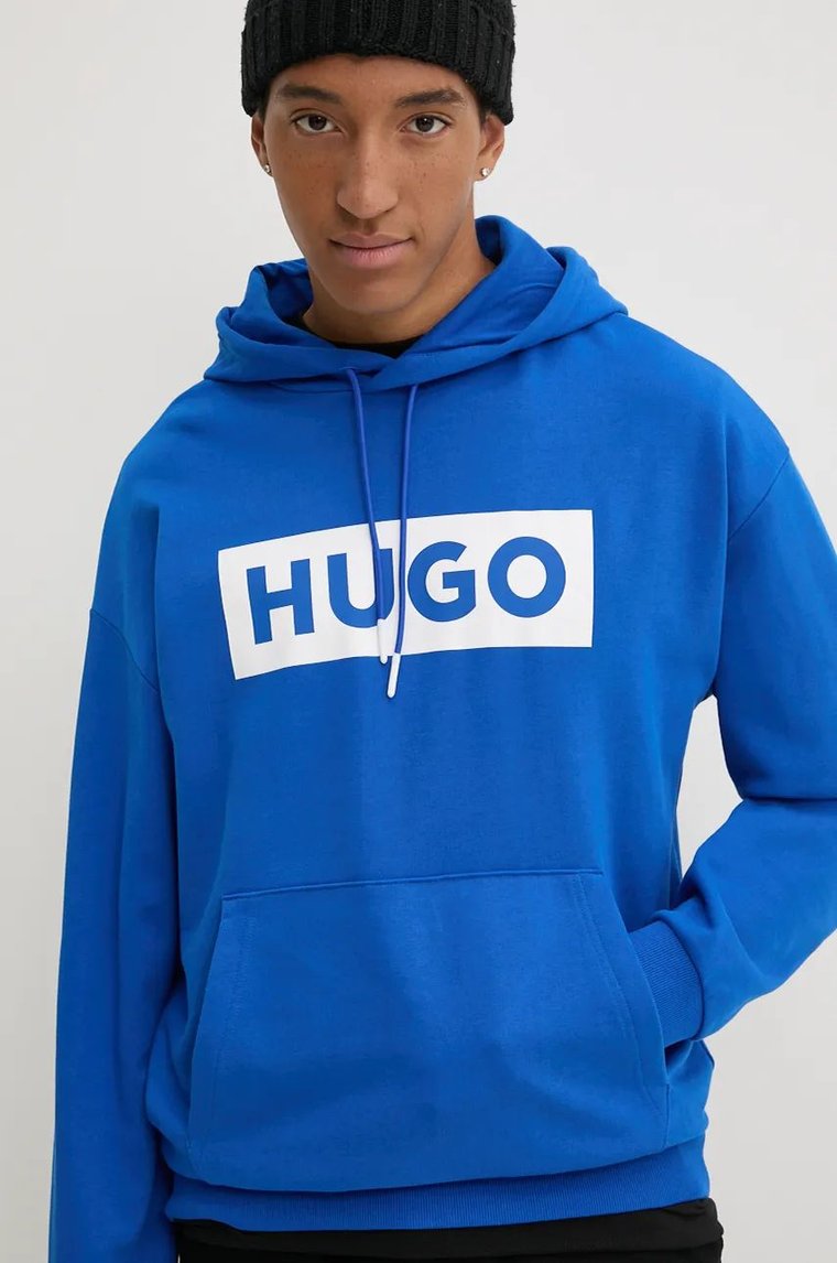 Hugo Blue bluza męska kolor niebieski z kapturem z nadrukiem