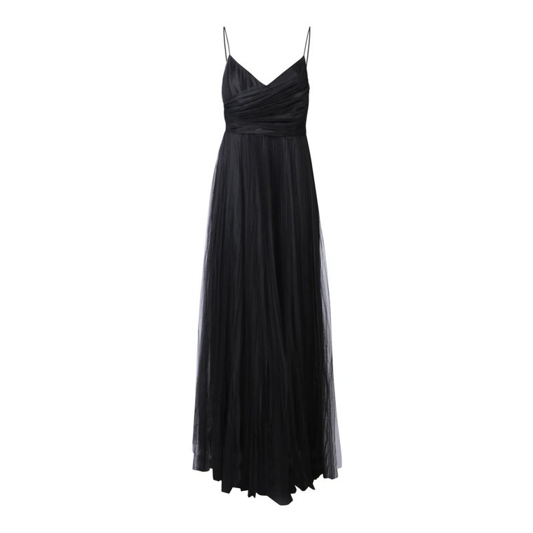 Czarna Plisowana Sukienka z Tiulu - Długość do ziemi, Ramiączka Fabiana Filippi