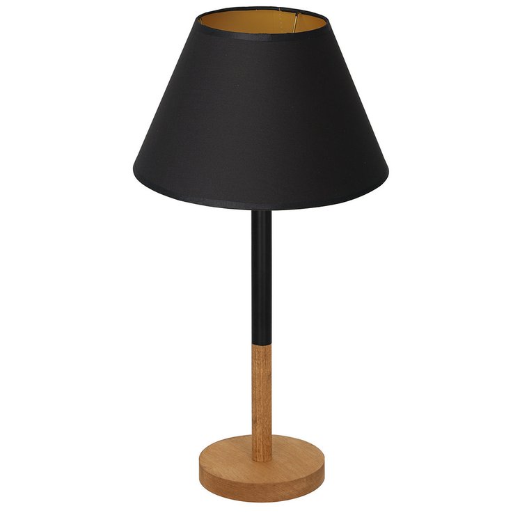 Lampa stołowa drewniana okrągła podstawa czarny stożkowy abażur ze złotym wnętrzem Table lamps 1xE27 15W Luminex