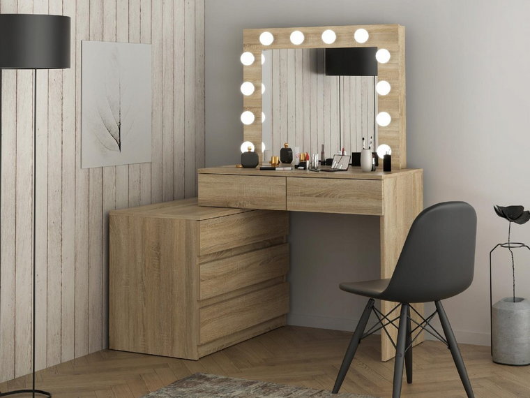 Narożna toaletka kosmetyczna z lustrem i oświetleniem Carla 12 Led z komodą dąb sonoma