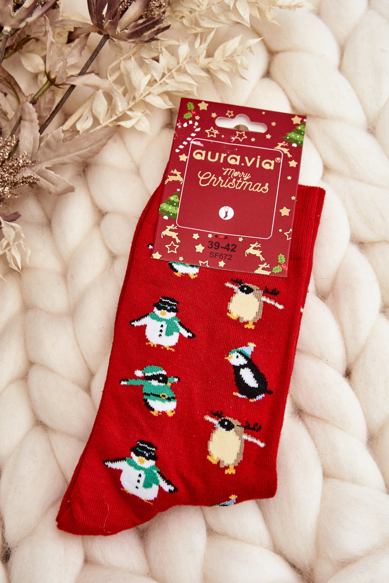 Męskie Świąteczne Bawełniane Skarpetki Z Pingwinami Czerwone