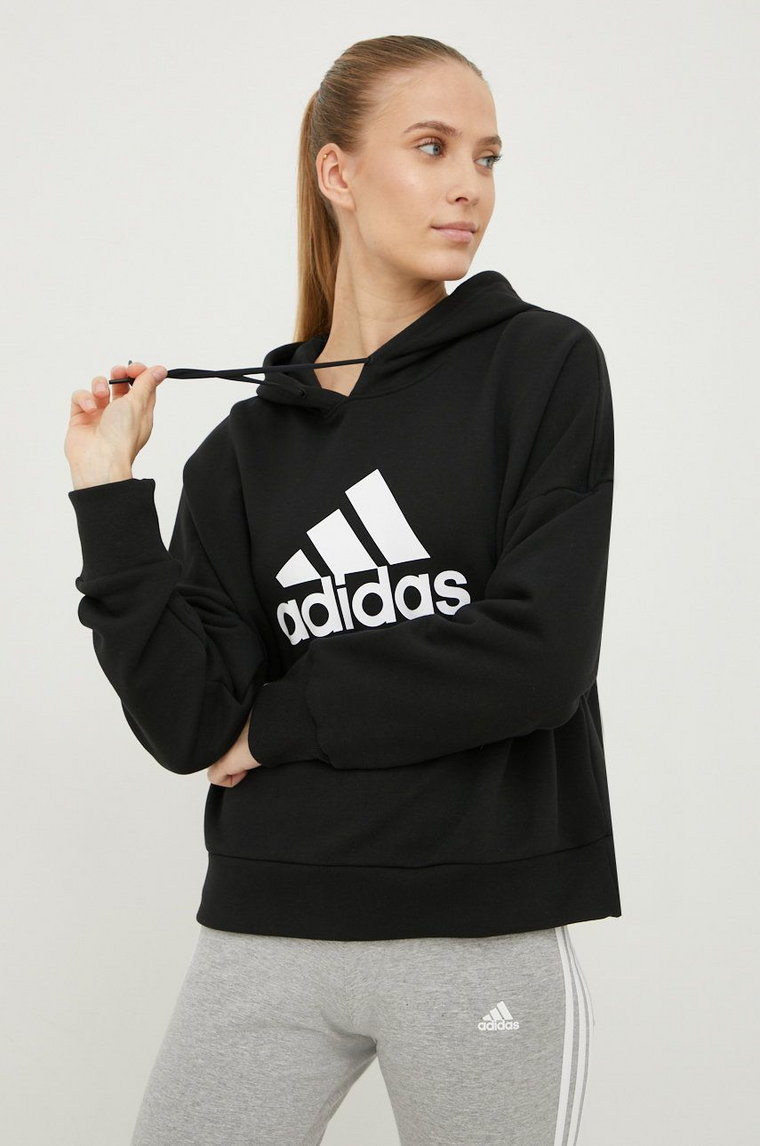 adidas Performance bluza bawełniana damska kolor czarny z kapturem z nadrukiem