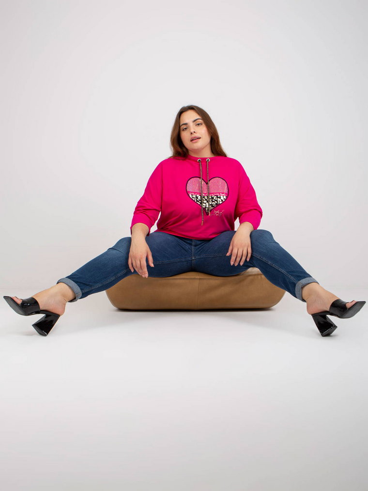 Bluzka plus size fuksjowy casual codzienna dekolt okrągły rękaw 3/4 dżety