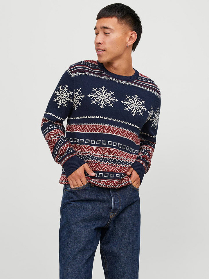 Jack & Jones Sweter "Xmas Snowball" w kolorze czerwono-granatowym