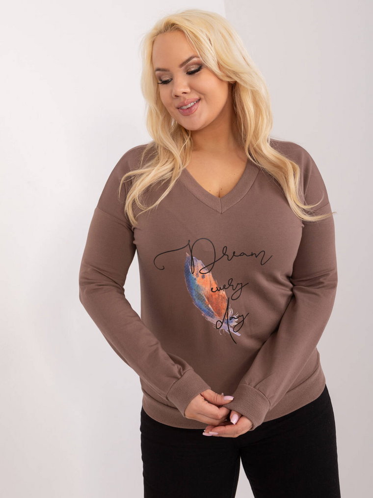 Bluzka plus size brązowy casual codzienna dekolt w kształcie V rękaw długi