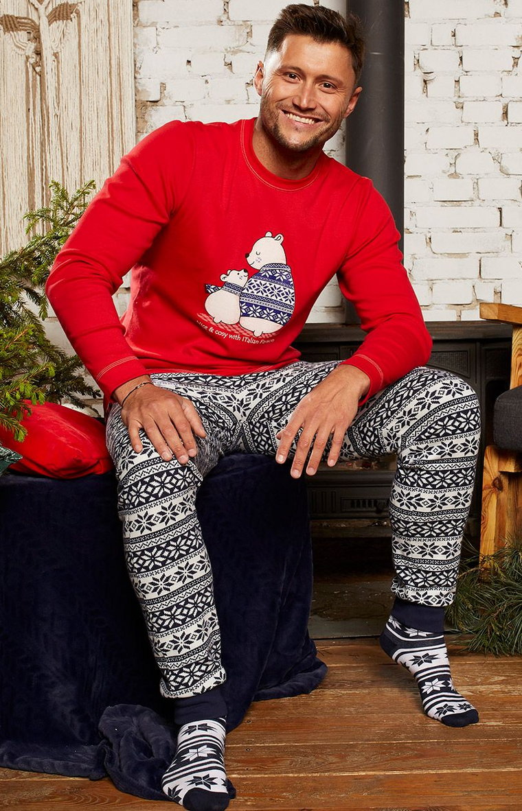 Świąteczna piżama męska z długim rękawem i długimi nogawkami Arktyka, Kolor czerwono-granatowy, Rozmiar S, Italian Fashion