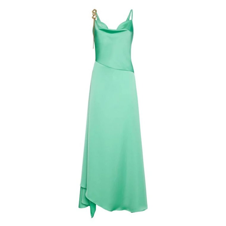 Zielona Sukienka Maxi z Satyny z Złotym Łańcuchem Simona Corsellini