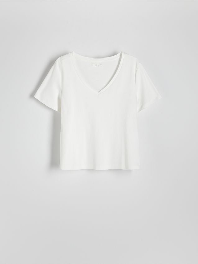 Reserved - Bawełniany t-shirt - złamana biel