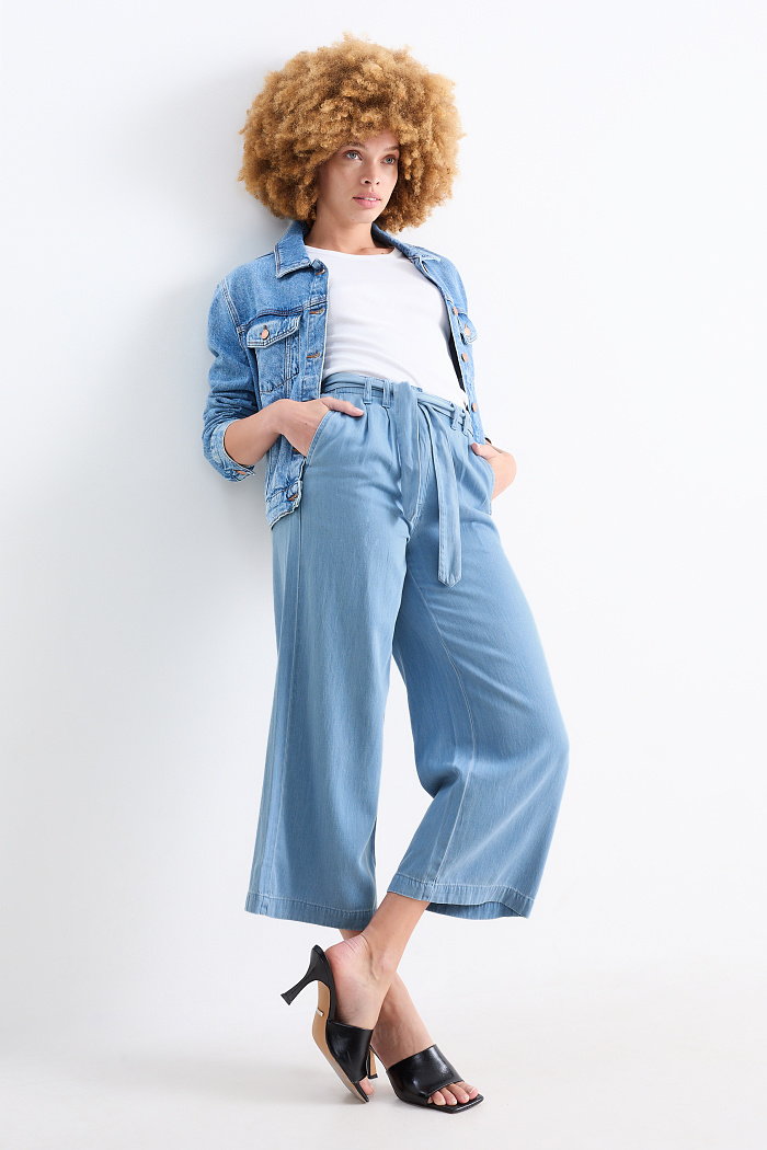 C&A Spodnie materiałowe-wysoki stan-szerokie nogawki, Niebieski, Rozmiar: 38