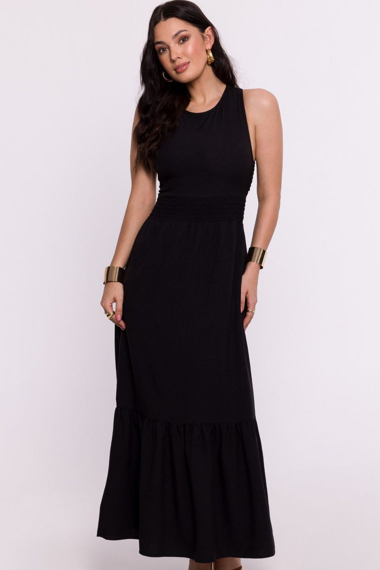 Długa sukienka z odkrytymi plecami i falbaną czarna