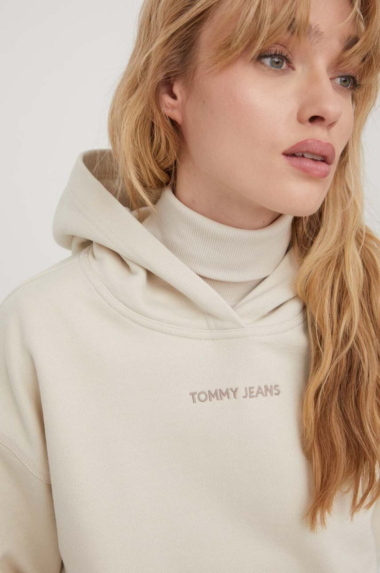 Tommy Jeans bluza bawełniana damska kolor beżowy z kapturem z aplikacją DW0DW17329