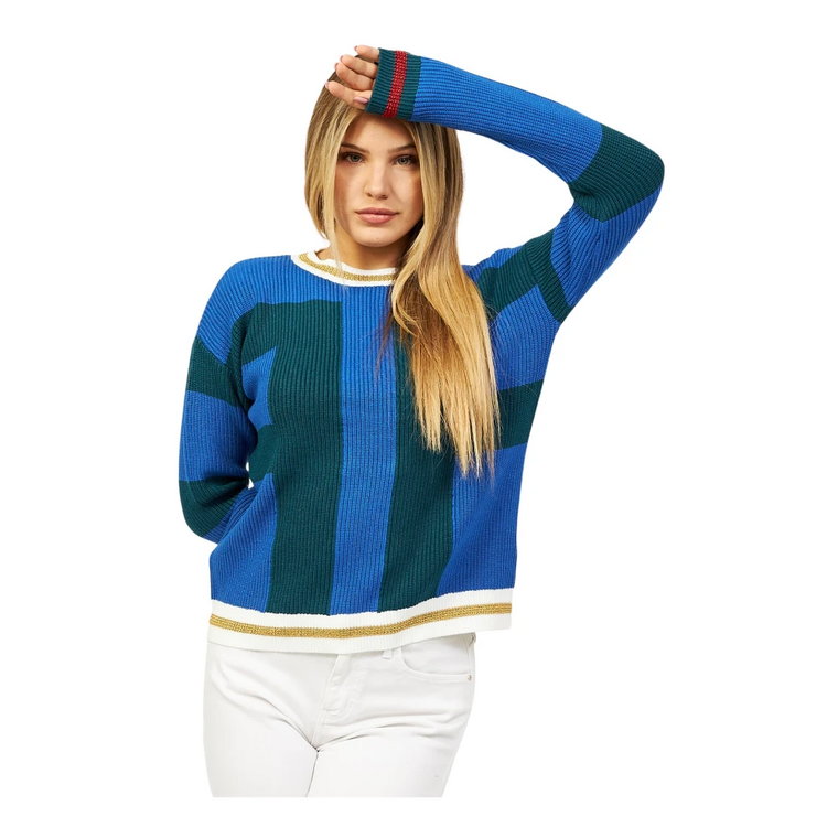 Niebieski Sweter w Paski z Dodatkiem Lurexu Fracomina