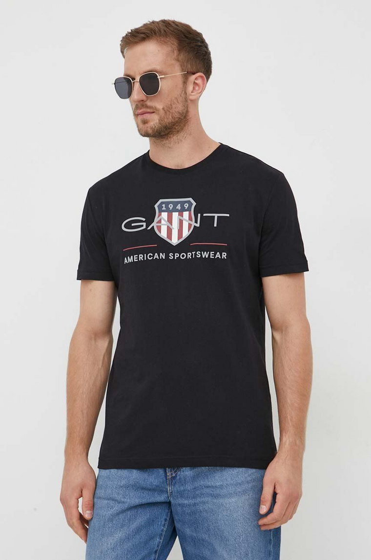 Gant t-shirt bawełniany kolor czarny z nadrukiem