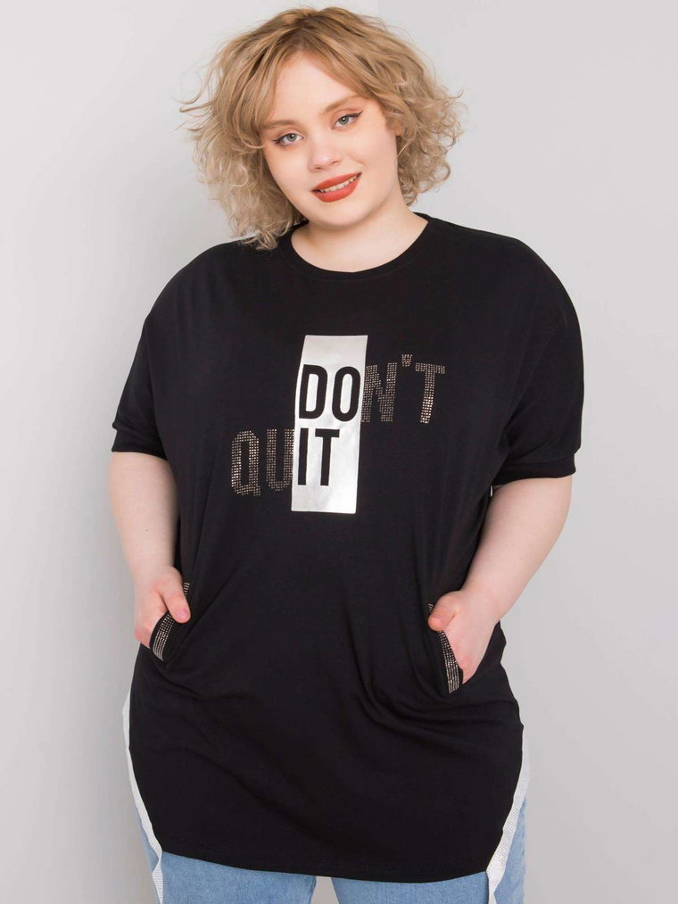 Bluzka plus size czarny casual dekolt okrągły rękaw krótki