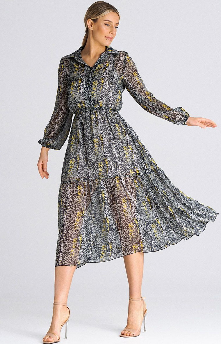 Rozkloszowana sukienka midi M942/150, Kolor czarny-wzór, Rozmiar L/XL, Figl