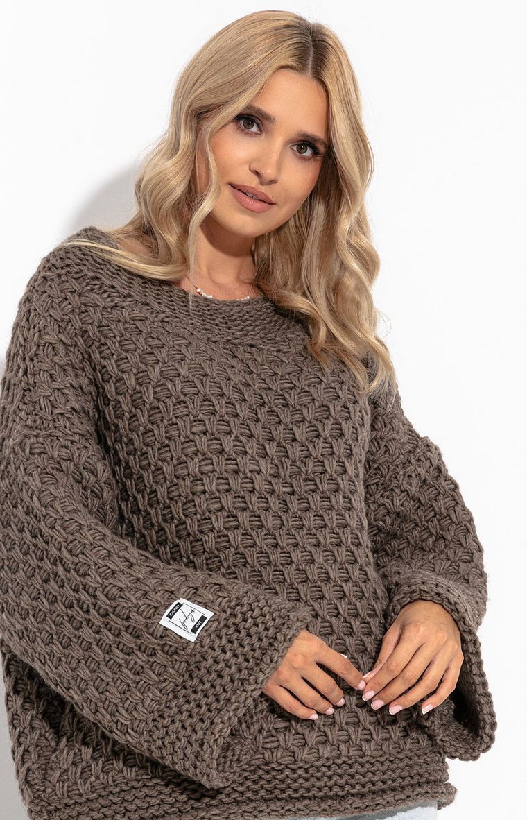 Damski sweter z wełną i alpaką Chunky Knit F1262, Kolor mocca, Rozmiar S/M, Fobya