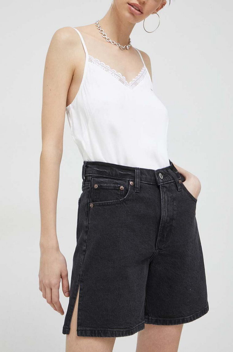 Abercrombie & Fitch szorty jeansowe damskie kolor czarny gładkie high waist