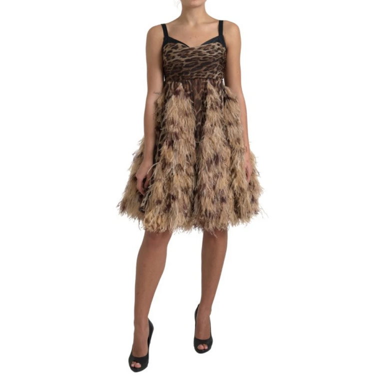 Sukienka bez rękawów z leopardzim piórami i tiulowym dołem Dolce & Gabbana