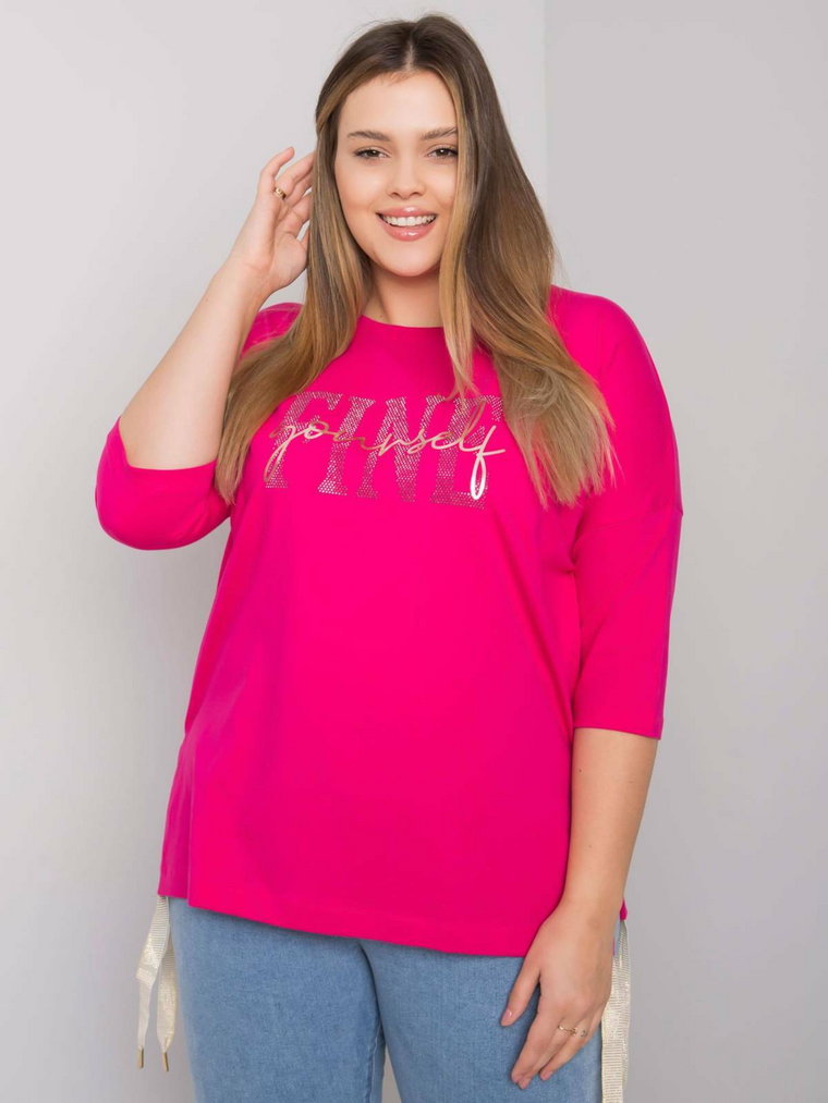 Bluzka plus size fuksjowy casual dekolt okrągły rękaw 3/4 dżety