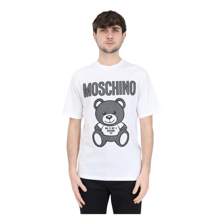 Biała koszulka męska z organicznej bawełny z nadrukiem misia Teddy w siatce Moschino