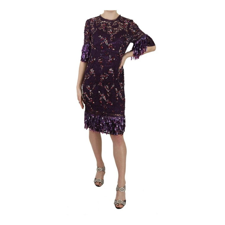 Purple floral lace crystal embedded dress Dolce & Gabbana