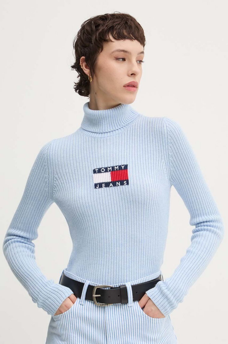 Tommy Jeans sweter z domieszką wełny kolor niebieski z golfem DW0DW18678