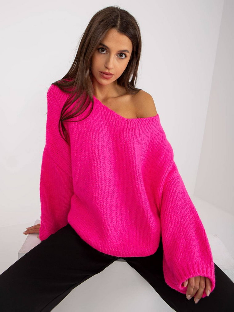 Sweter oversize fluo różowy casual dekolt w kształcie V rękaw długi